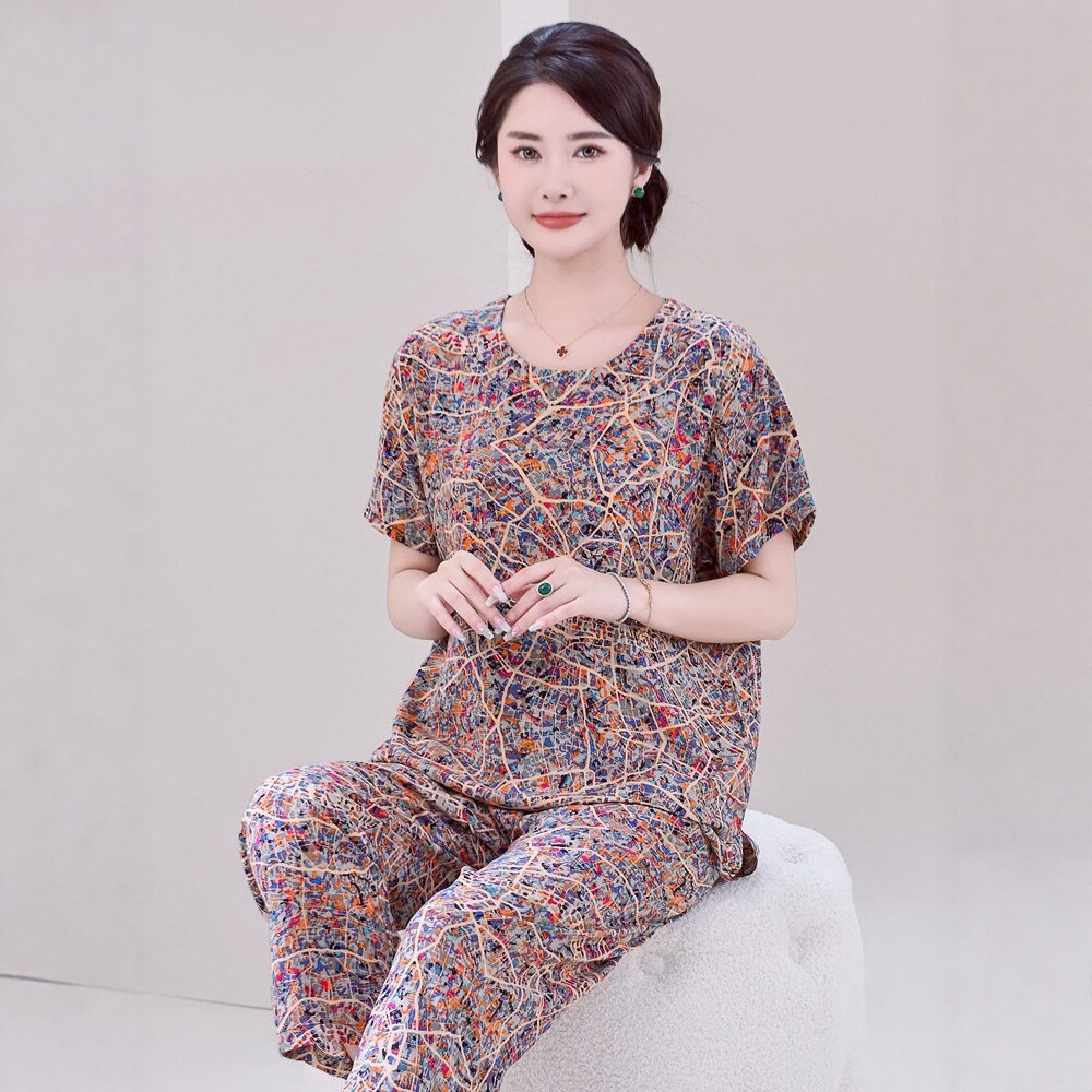 夏季棉绸短袖睡衣女士大尺码新款中老年老人妈妈套装薄人造棉家居