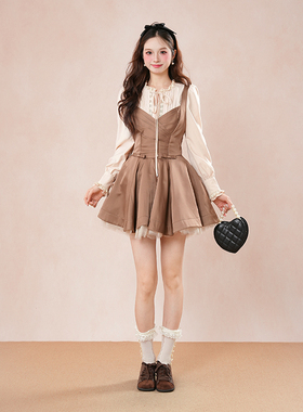 中世纪公主 秋冬新款富家千金复古假两件连衣裙宫廷风收腰公主裙