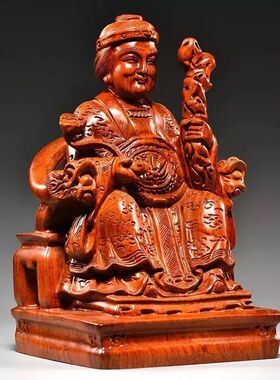 花梨实木雕刻土地公土地婆佛像摆