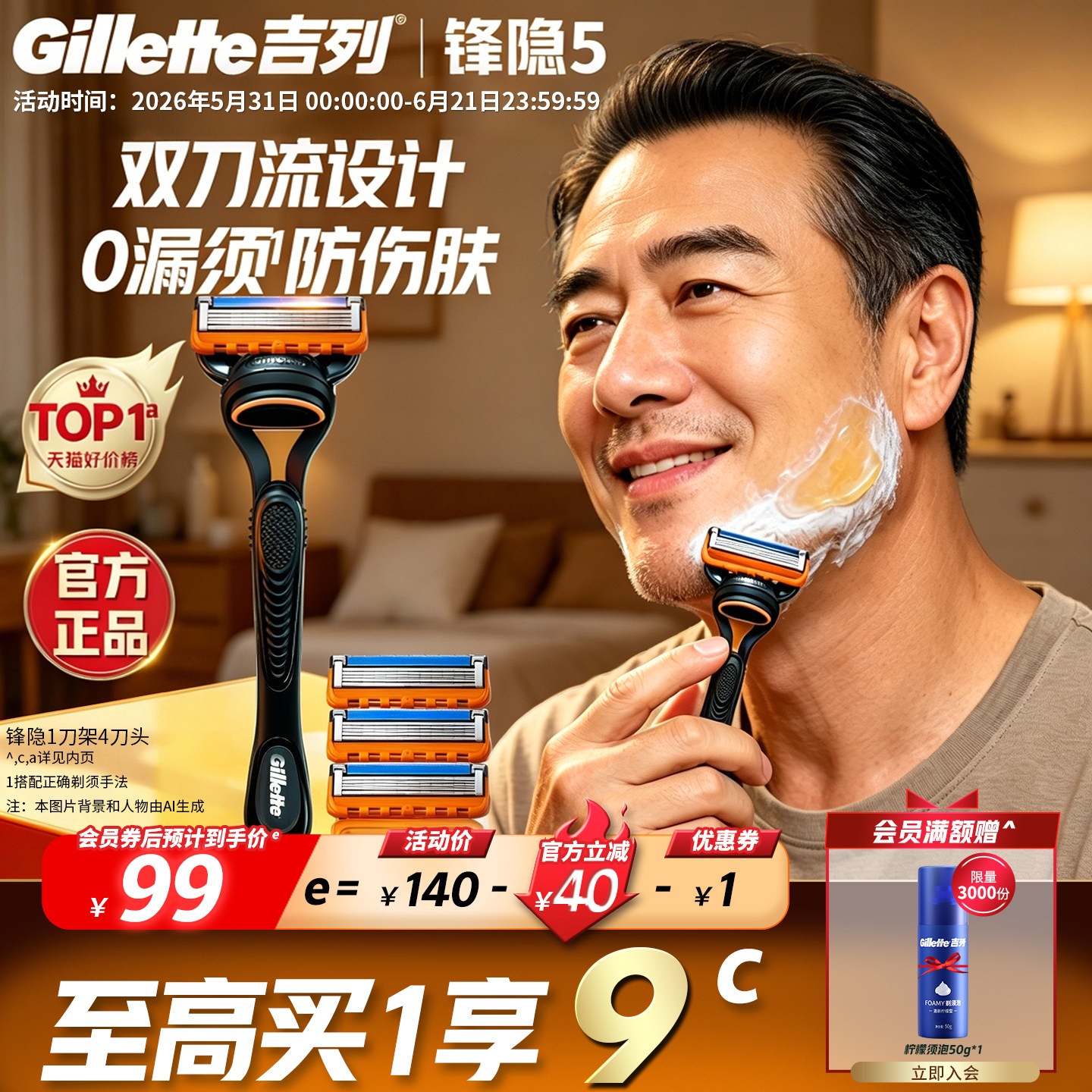吉列锋隐5层刀片手动剃须刀非吉利男士刮胡刀锋速5正品官方旗舰店
