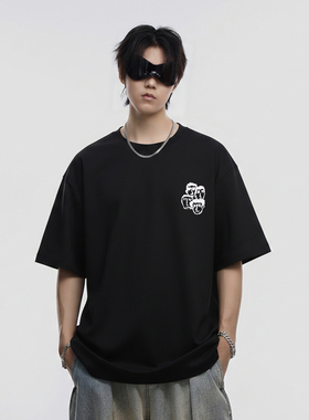 INVA重磅美式复古立体印花短袖T恤男小众设计感宽松纯棉上衣潮牌