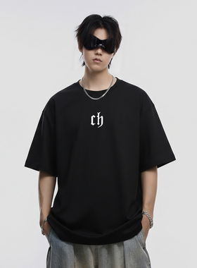 INVA重磅美式设计感立体字母短袖T恤男夏季宽松纯棉黑色上衣潮牌