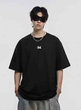 INVA美式复古立体印花短袖T恤男夏季新款宽松纯棉黑色打底衫潮牌