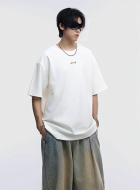 INVA重磅美式260g刺绣字母短袖T恤男夏季新款宽松休闲上衣情侣潮