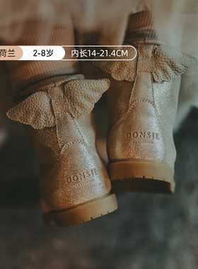 Donsje儿童真皮靴女童小翅膀短靴雪地靴宝宝加绒冬季防滑软底皮靴