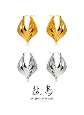 盐岛扁舟扭扭大叶耳环高级感轻奢金色气质耳钉女小众耳夹复古耳饰
