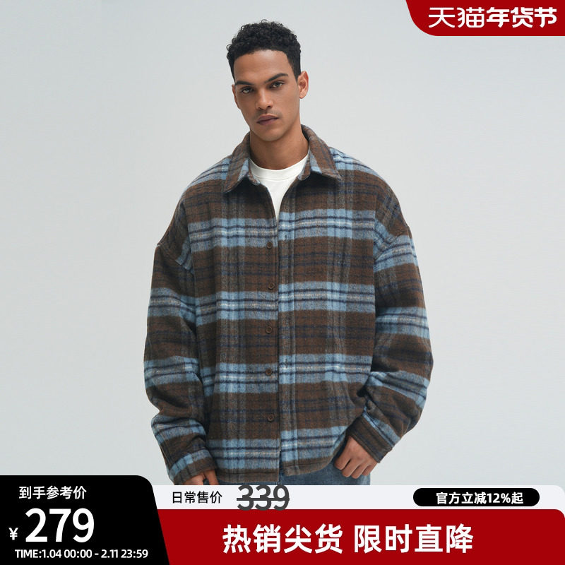 bdpowerup格纹羊毛加厚长袖衬衫男秋冬新款男女通款宽松毛呢外套,男装,衬衫,淘宝优惠券,粉丝福利购,淘宝优惠卷