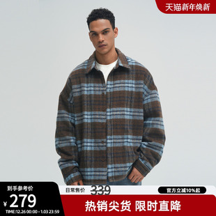 男女通款 男秋冬新款 宽松毛呢外套 衬衫 bdpowerup格纹羊毛加厚长袖