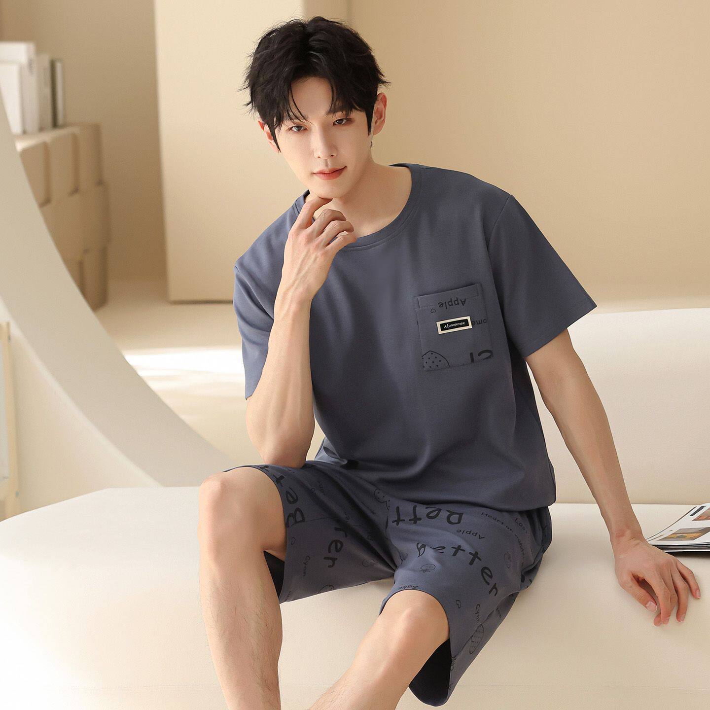 100%纯棉睡衣男夏季短袖短裤青年学生家居服夏天宿舍外穿简约套装