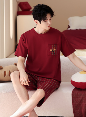 红色男士睡衣夏季纯棉短袖短裤条纹休闲2026马年本命年家居服套装