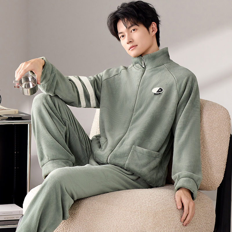 【锁温型】卡其绿男睡衣大码家居服加厚加绒2026冬季珊瑚绒青少年