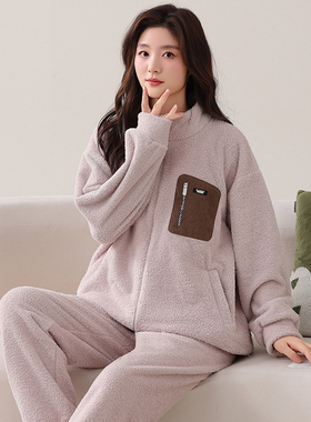 淡紫色双面绒珊瑚绒加厚加绒睡衣女冬季长袖保暖家居服简约休闲