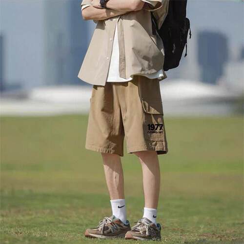 夏季新款男工装五分运动短裤多口袋1977印花宽松直筒透气休闲中裤