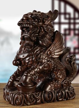 黑檀木麒麟摆件木质家用客厅装饰品实头雕刻火麒麟工艺品乔迁送礼