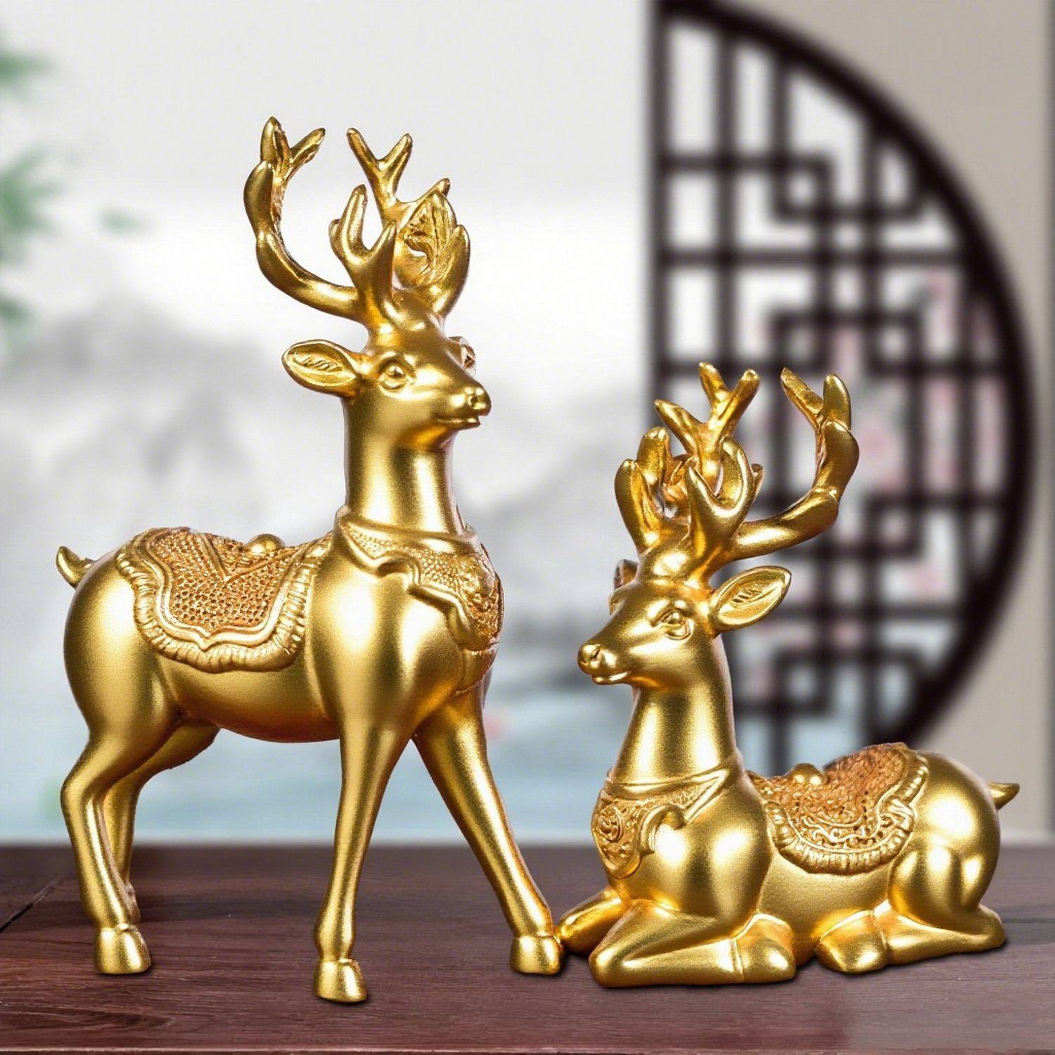 金色实木雕刻梅花鹿摆件实木双鹿客厅家居装饰新房乔迁风水送礼物