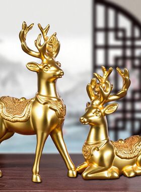 金色实木雕刻梅花鹿摆件实木双鹿客厅家居装饰新房乔迁风水送礼物