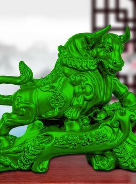 绿色实木雕刻牛摆件木头根雕生肖牛财运如虹商务送礼家居装饰摆设