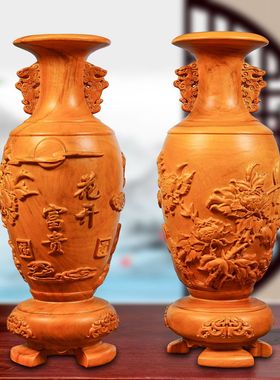 香樟木雕花开富贵花瓶摆件家居电视柜落地装饰工艺品新居乔迁送礼