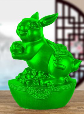绿色实木卯兔实木雕刻十二生肖摆件元宝兔子家居木雕红木工艺礼品