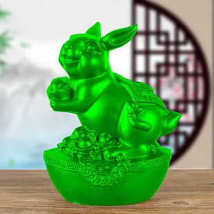 绿色实木卯兔实木雕刻十二生肖摆件元宝兔子家居木雕红木工艺礼品