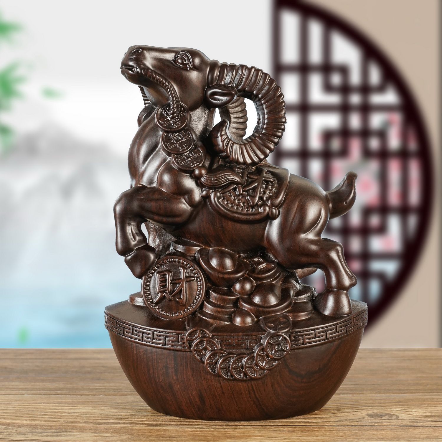 黑檀木未羊实木雕刻十二生肖摆件元宝羊家居木雕红木工艺品送礼品