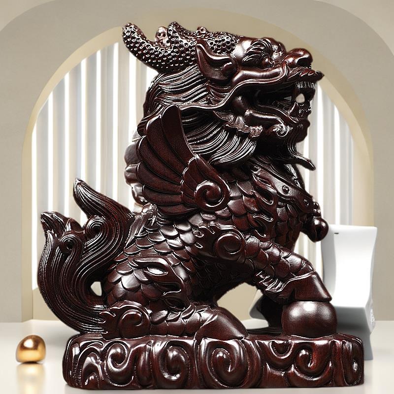 黑檀木雕刻麒麟摆件木质家用客厅装饰品实木墨麒麟工艺品乔迁送礼