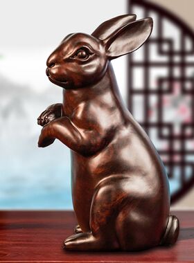 黑檀木雕刻兔子风水摆件客厅12生肖兔实木质兔工艺品家居红木装饰