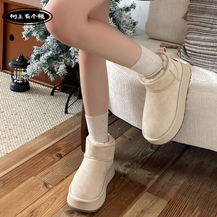 树上有个桃厚底保暖雪地靴女2025秋季新款百搭短筒加绒加厚棉鞋子