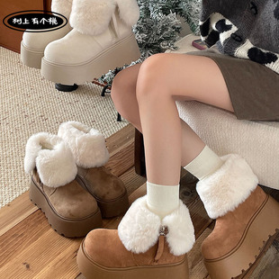 树上有个桃厚底增高雪地靴女2025冬季新款百搭休闲加绒加厚棉鞋子