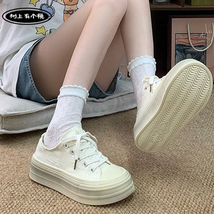 树上有个桃复古做旧帆布鞋女2026秋季新款百搭运动休闲鞋增高板鞋