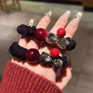 2026马年新款 黑色大肠发圈女红色珠子金色小马头饰马尾轻奢百搭