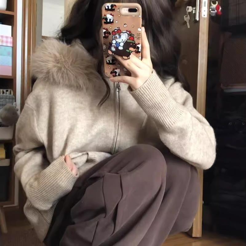 毛领宽松慵懒连帽针织开衫毛衣外套女秋冬季可拆卸慵懒风韩系上衣