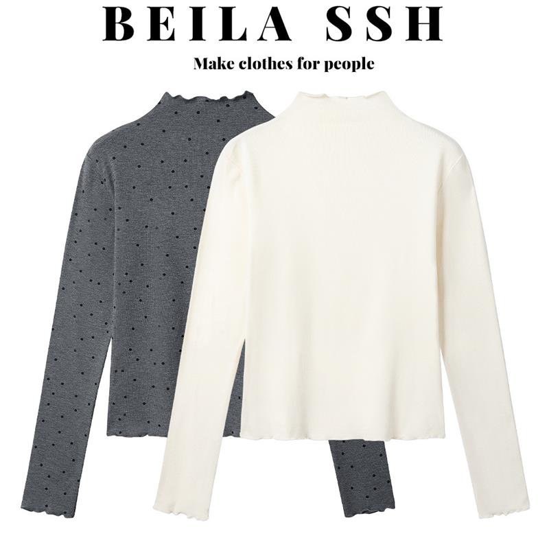 BELLA木耳边半高领长袖t恤女春秋加绒打底衫内搭软糯修身显瘦上衣