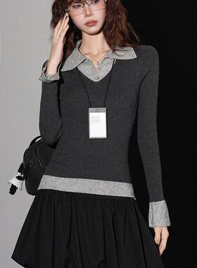 AUSII设计感藏蓝撞色拼接假两件针织长袖t恤女秋季新款穿搭小上衣