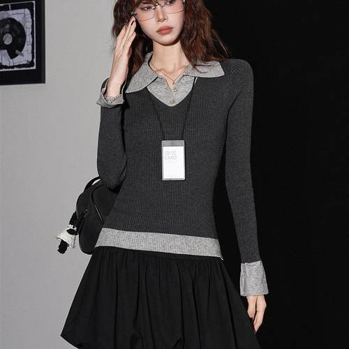 AUSII设计感藏蓝撞色拼接假两件针织长袖t恤女秋季新款穿搭小上衣