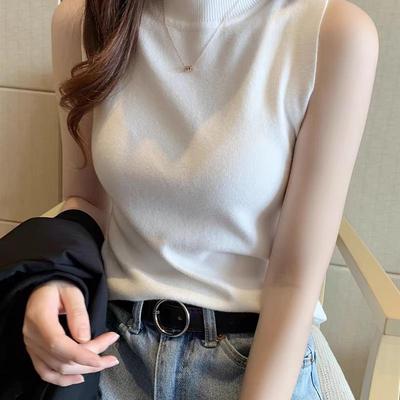 白色背心冰丝针织衫t恤女2025春夏季外穿半高领打底短款无袖上衣