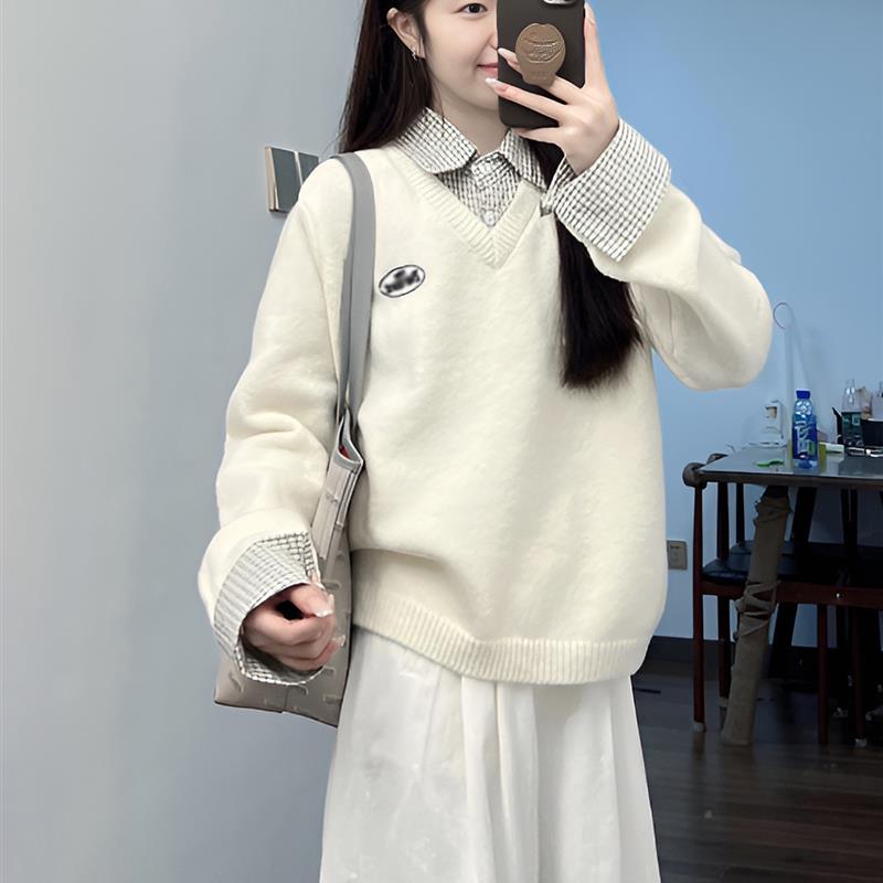 假两件拼接格子polo领套头毛衣女秋冬季新款宽松慵懒风休闲针织衫