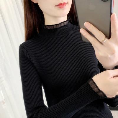 秋冬新款黑色打底衫女长袖内搭修身中领针织衫百搭短款半高领毛衣