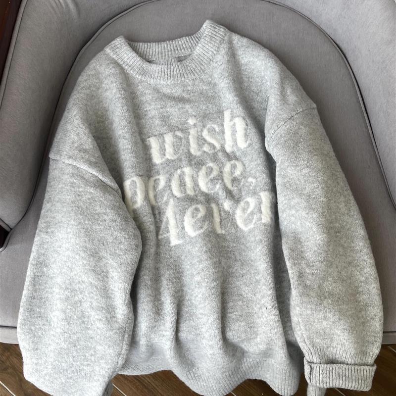 国潮oversize字母圆领毛衣女秋冬新宽松慵懒风温柔软糯百搭针织衫