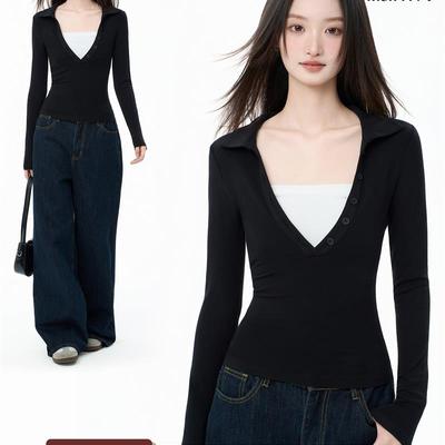 iiiamX黑色v领正肩假两件长袖上衣女秋季修身内搭打底t恤2025新款