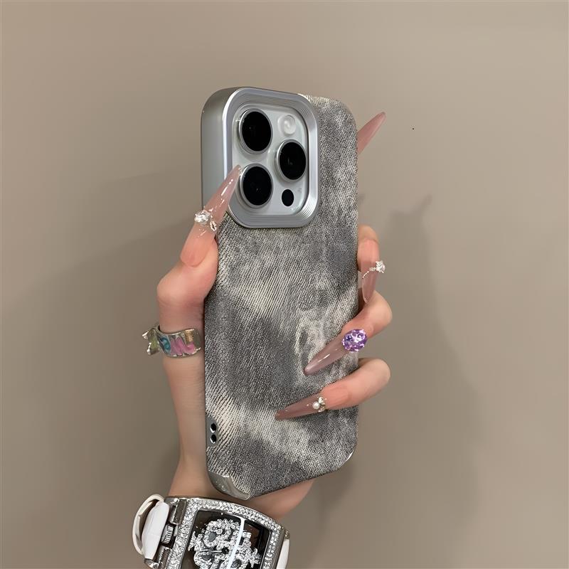 高颜值牛仔布纹适用苹 果16promax手机保护壳iPhone15Pro全包防摔15/14pm女款电镀ip13全包防摔12/11p保护套