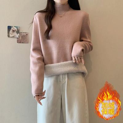 半高领针织毛衣女春秋2025大码胖mm内搭保暖上衣加厚一体绒打底衫