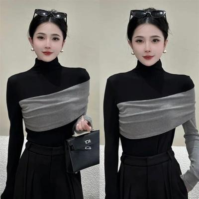 欧货时尚撞色拼接加绒长袖T恤女春秋2025新款不规则内搭打底上衣