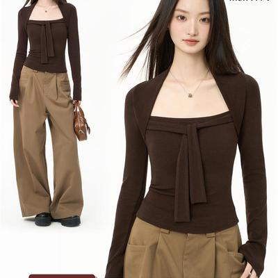 iiiamX美拉德咖色方领上衣女秋季修身内搭长袖t恤打底衫2025新款