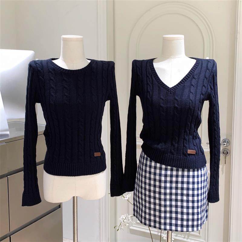 阿肉Ree V领/圆领麻花针织毛衣女新款气质百搭长袖套头上衣打底衫