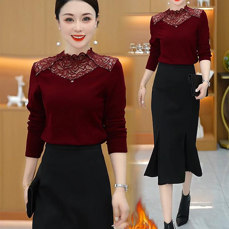 时尚洋气半高领蕾丝拼接打底衫女2025秋冬新款修身显瘦内搭上衣潮