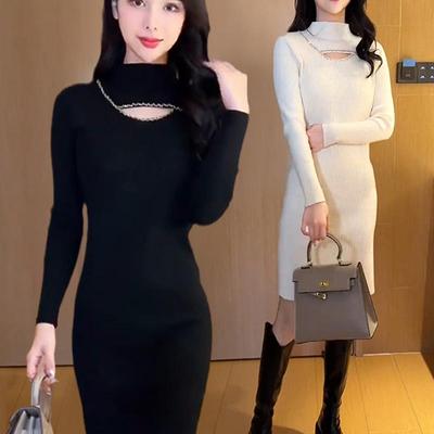 半高领中长款毛衣女2025秋冬新款修身内搭显瘦钉珠长袖针织打底衫