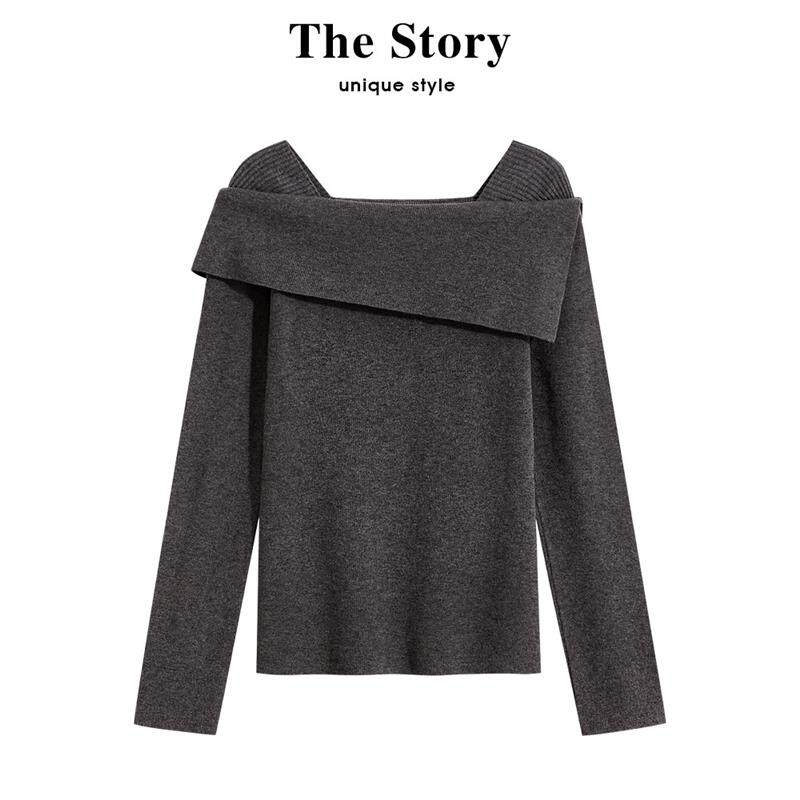 那些事衣橱一字肩针织打底衫女秋冬季不规则内搭毛衣露肩长袖上衣