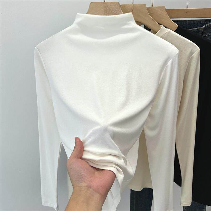 螺纹白色半高领打底衫女春秋冬季内搭修身显瘦设计感上衣长袖T恤