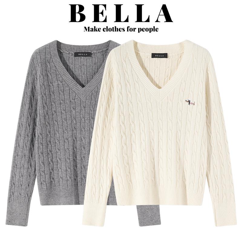 BELLA小狗刺绣麻花v领长袖针织衫女秋冬修身显瘦毛衣内搭打底上衣